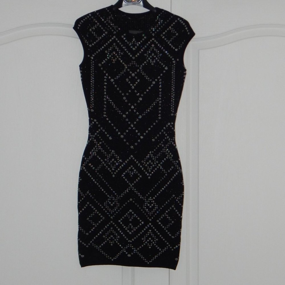 RVN Studded Jacquard Lurex Cap Sleeve Sheath Dress